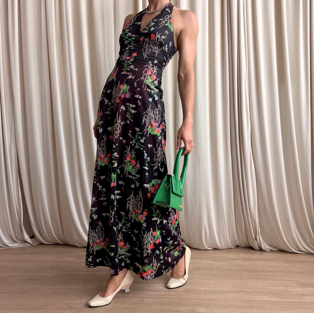 Leslie J 70s Black Floral Halter Maxi - Vintage Romantic, Fits Small